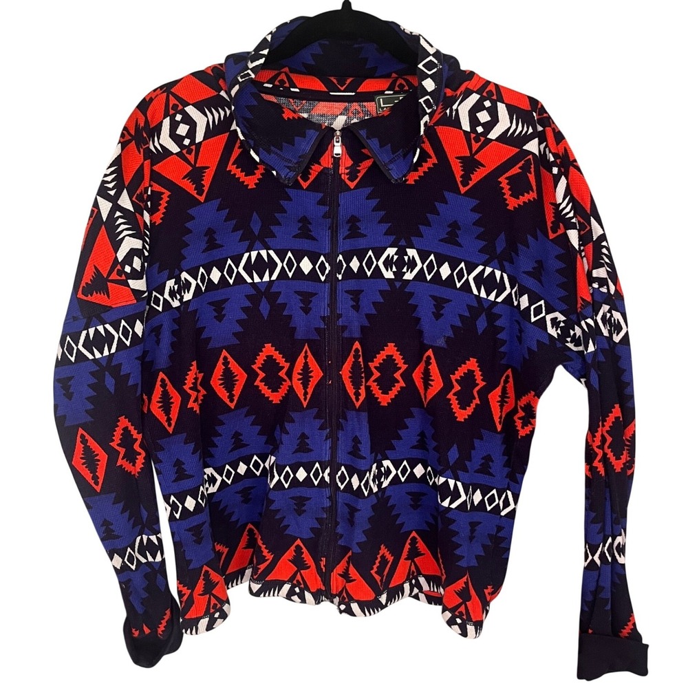Ralph Lauren Acrtive Southwestern Waffle Knit Zip Jacket Blue Orange L Western